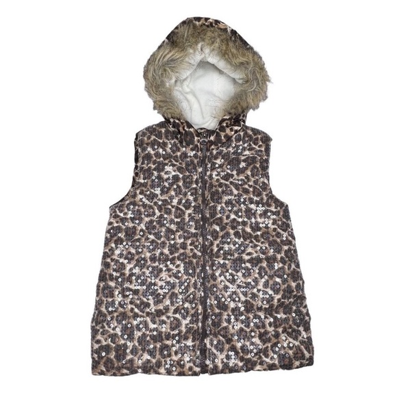 Children's Place XS Size 4 Sequin Animal Print Faux Fur Puff Vest Zipper Puffer - Picture 1 of 8